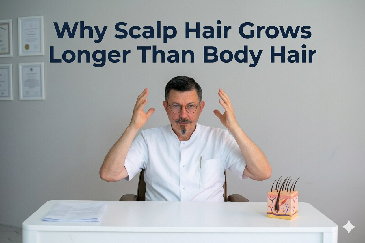Why scalp hair grows longer than body hair blog title on a clean background