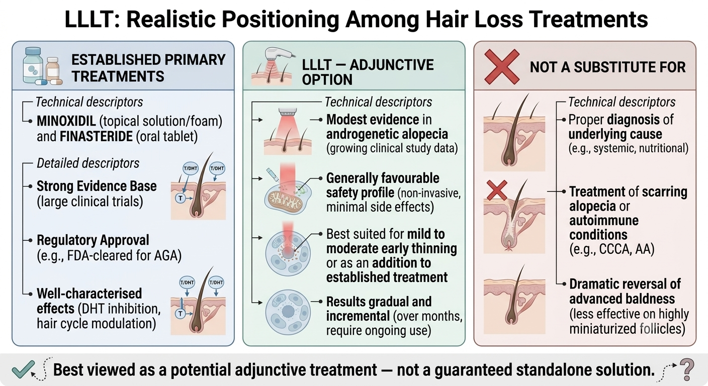 Summary diagram positioning LLLT realistically among hair loss treatment options