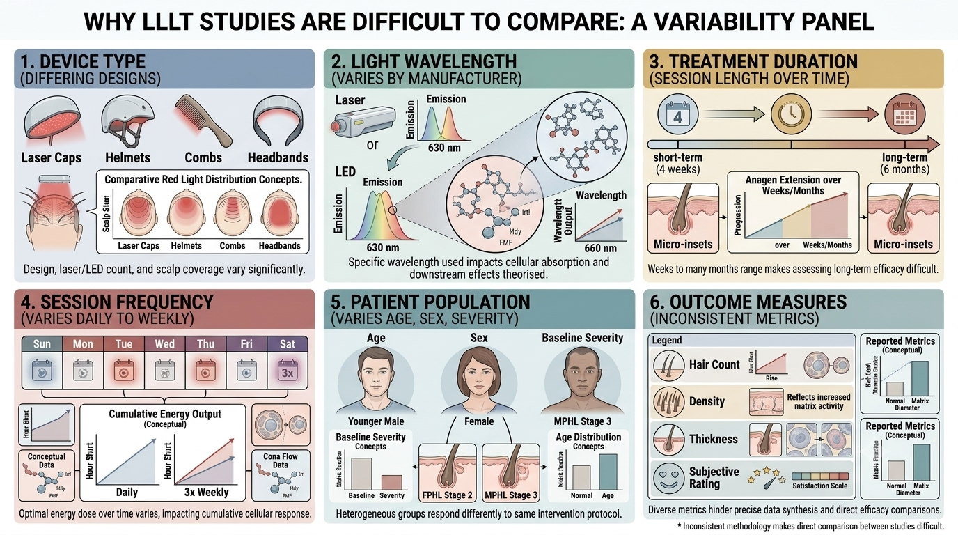 Diagram showing sources of study variability that complicate LLLT evidence interpretation