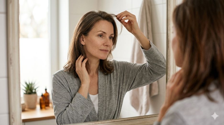Woman examining her thinning hair