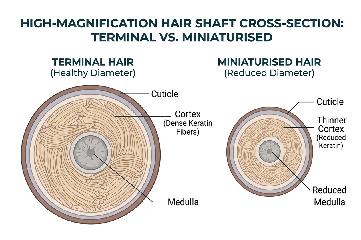 Cross-section comparison of thick vs miniaturised hair shafts
