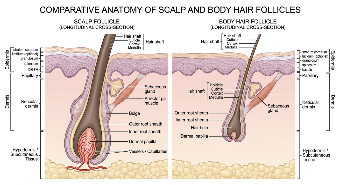 Structural comparison of scalp follicle vs body follicle