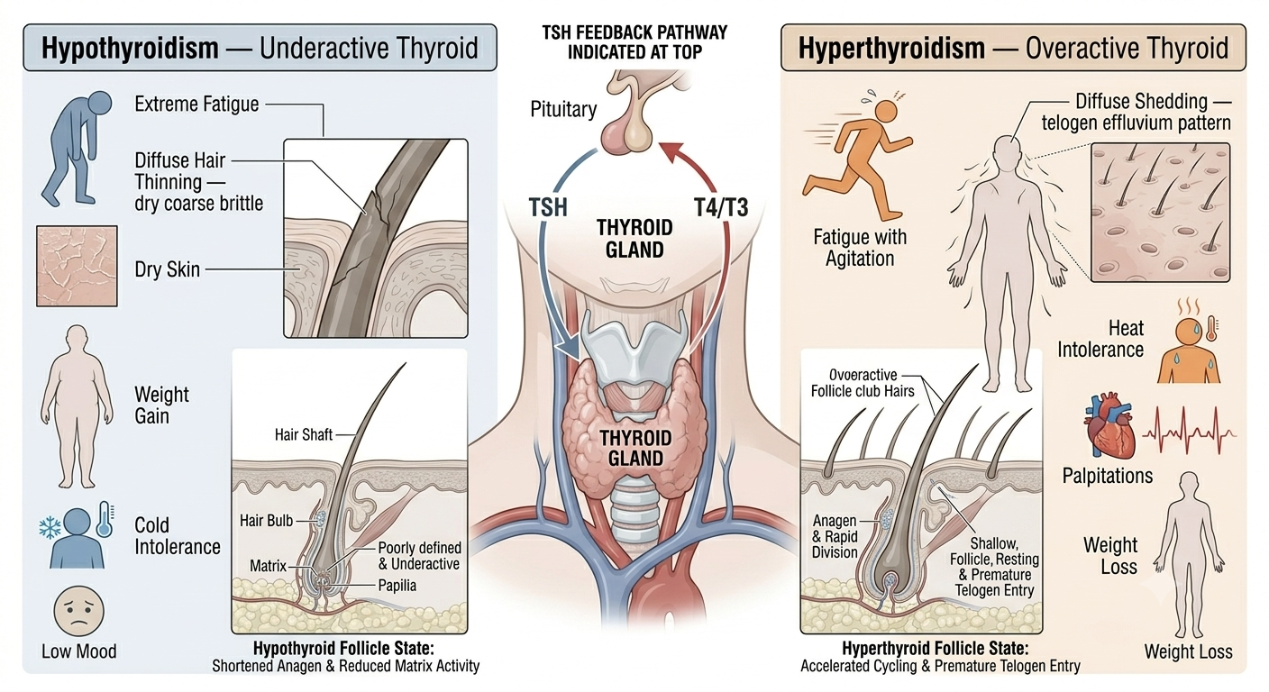 Diagram comparing hypothyroidism and hyperthyroidism effects on hair and energy