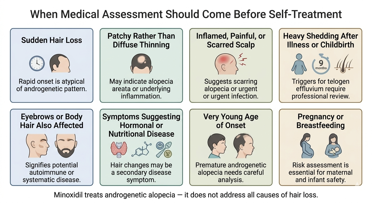 Infographic listing clinical situations requiring medical assessment before self-treating