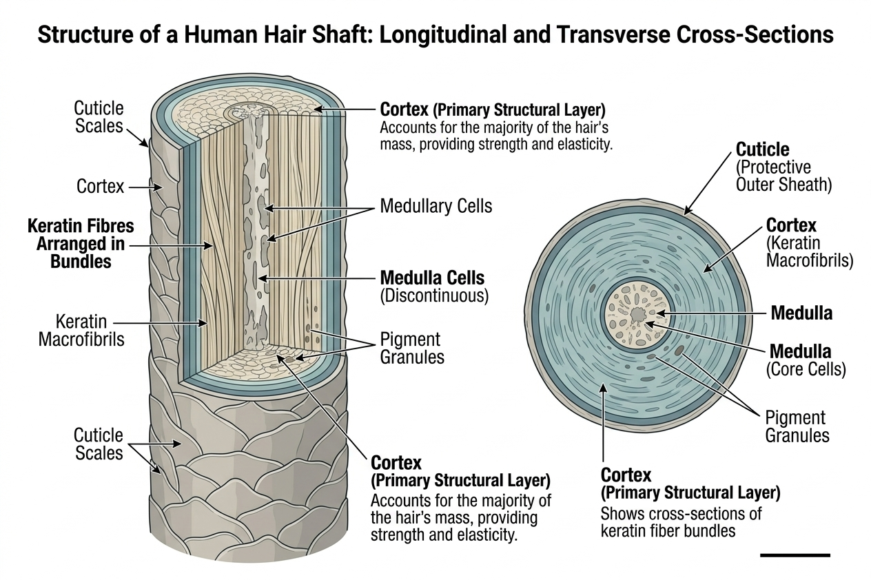 Anatomical cross-section of a hair shaft showing internal layers