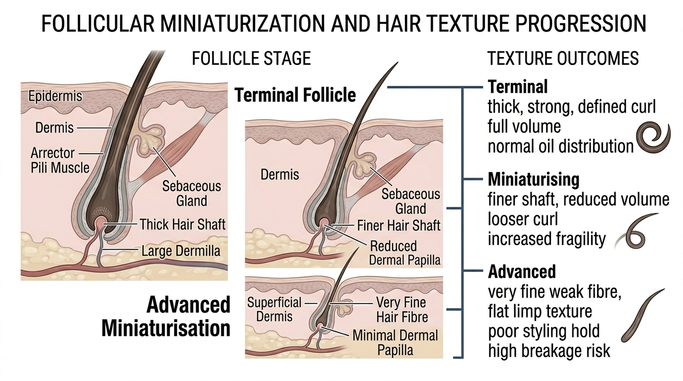 Summary diagram linking progressive follicle miniaturisation to specific texture changes