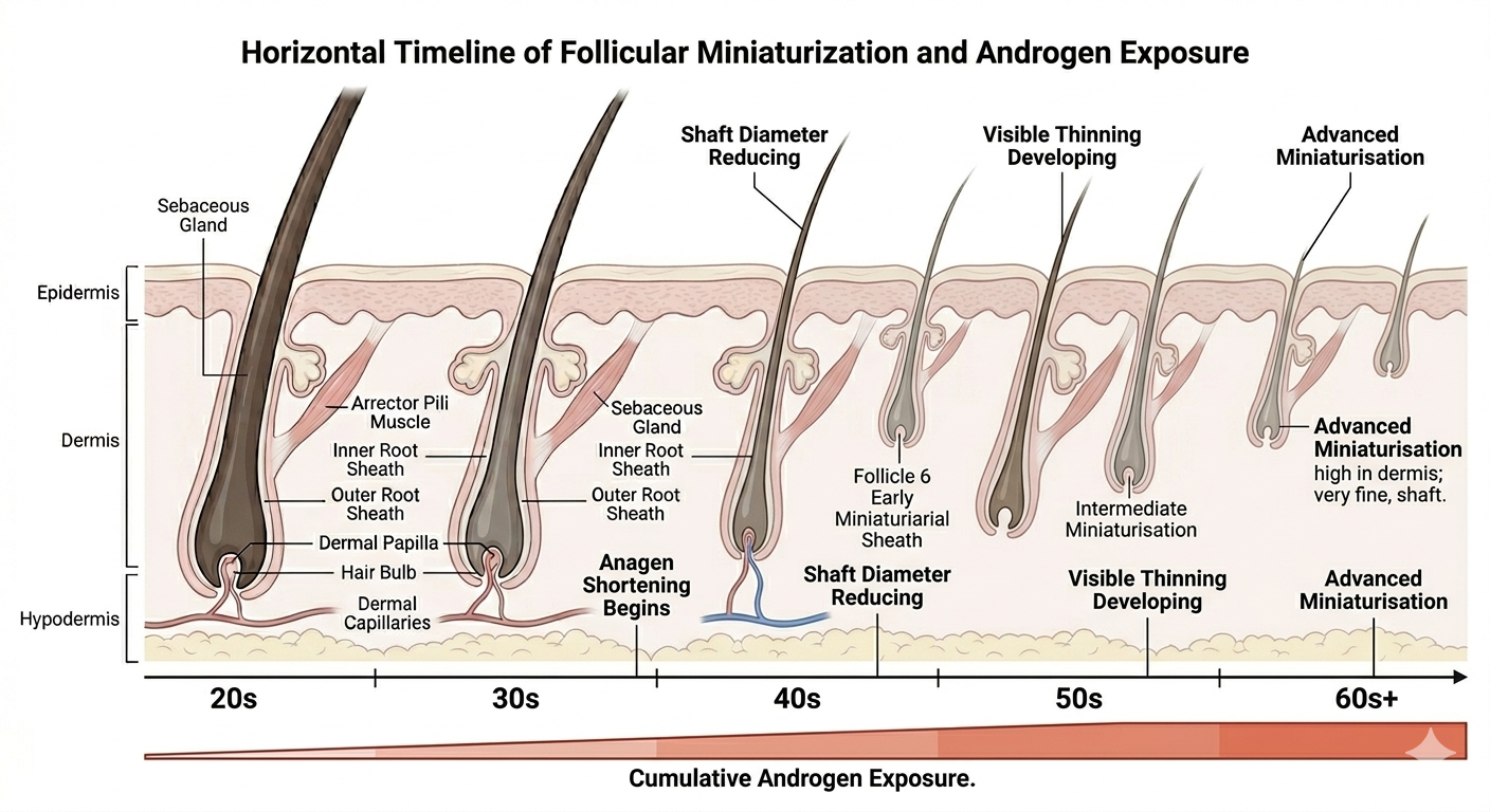 Timeline diagram showing cumulative hormonal effect on follicle size over decades