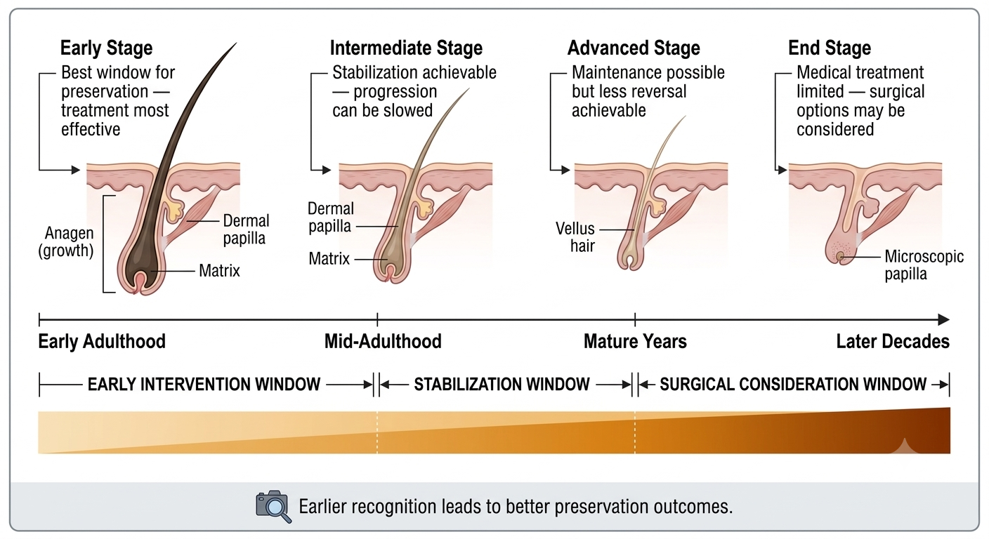 Summary timeline of androgenetic alopecia progression and intervention windows