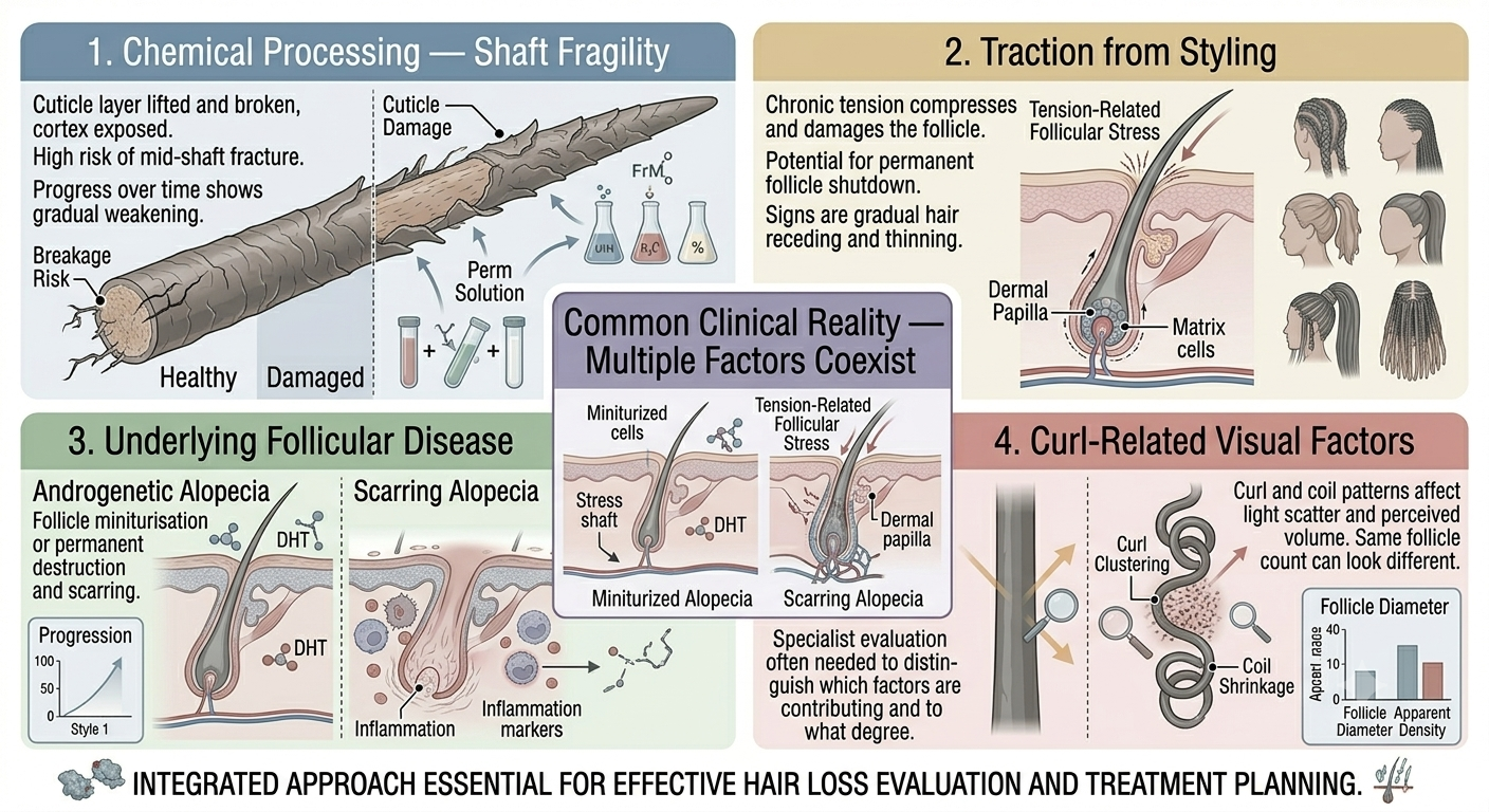 Diagram showing overlapping contributing factors in curly hair thinning assessment
