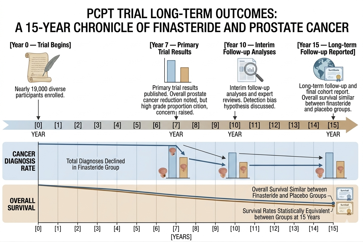 Timeline diagram of PCPT study duration and key findings at follow-up points
