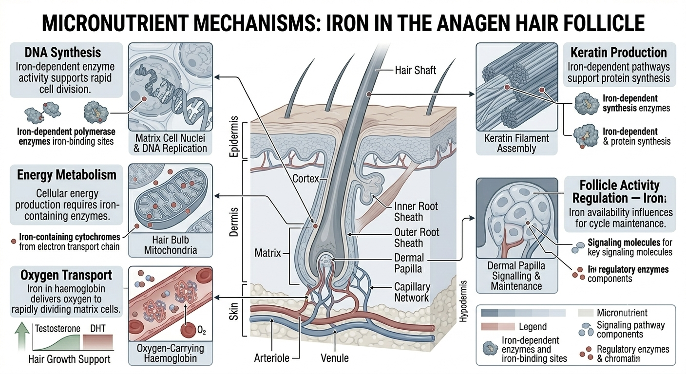 Diagram showing iron-dependent biological processes within an active hair follicle