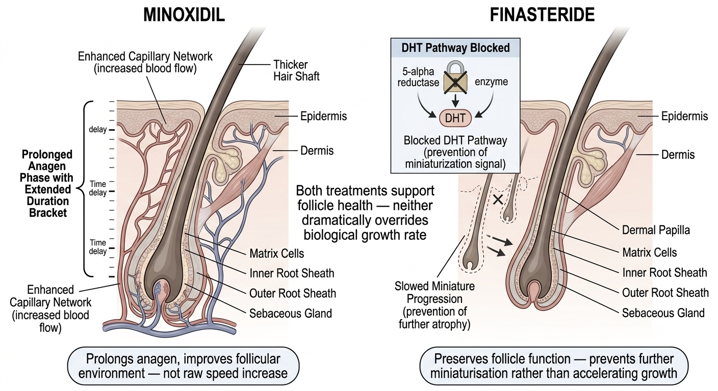 Comparison diagram of minoxidil and finasteride mechanisms in relation to hair growth