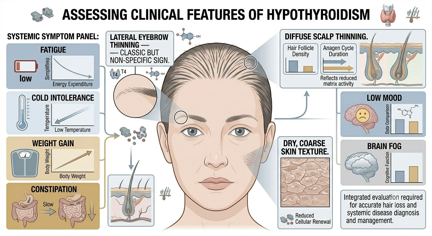 Diagram showing classic clinical features of hypothyroidism including eyebrow thinning pattern