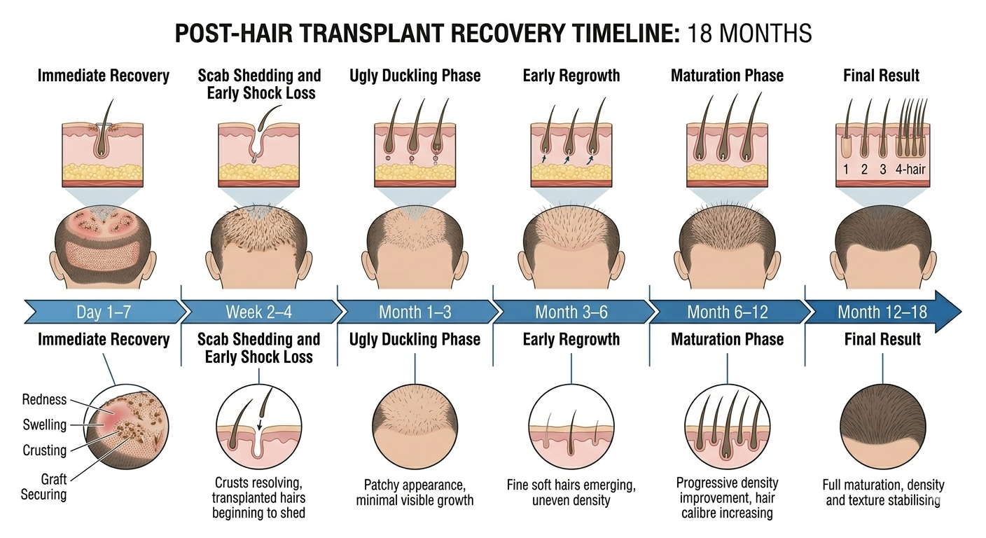 Timeline diagram of the full post-transplant healing and growth sequence
