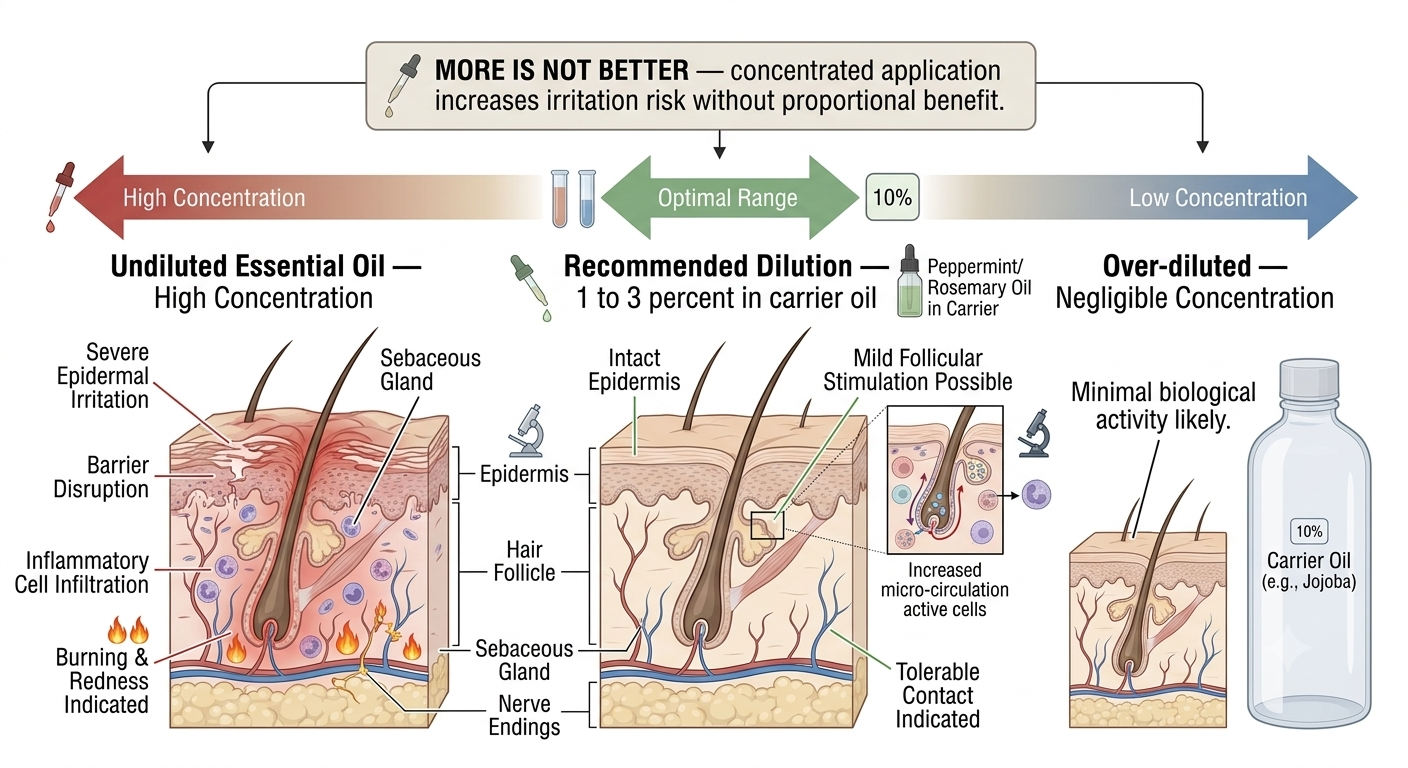 Diagram showing correct dilution practice and scalp irritation risk at high concentrations