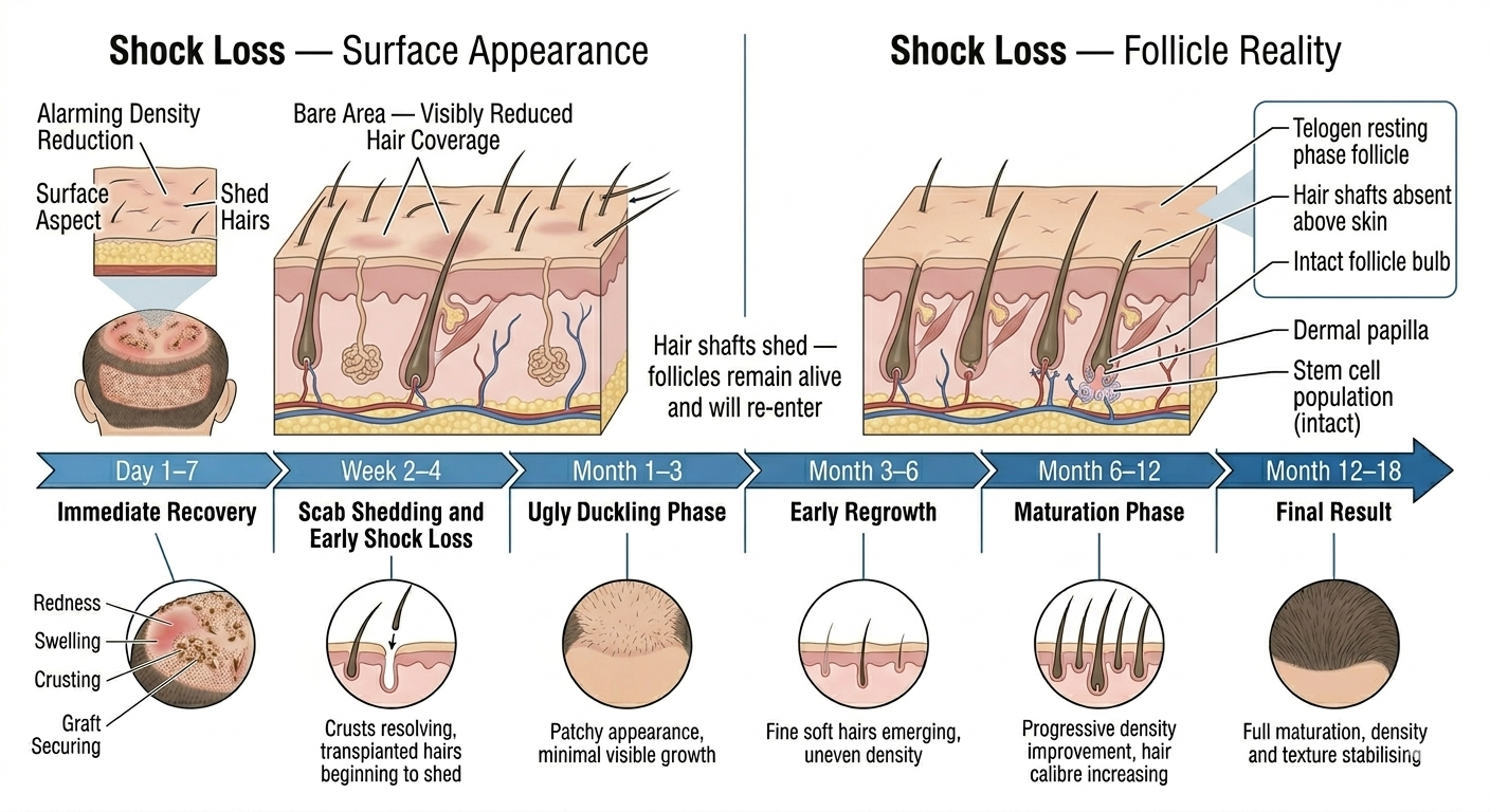Diagram explaining shock loss — follicle survival vs hair shaft shedding