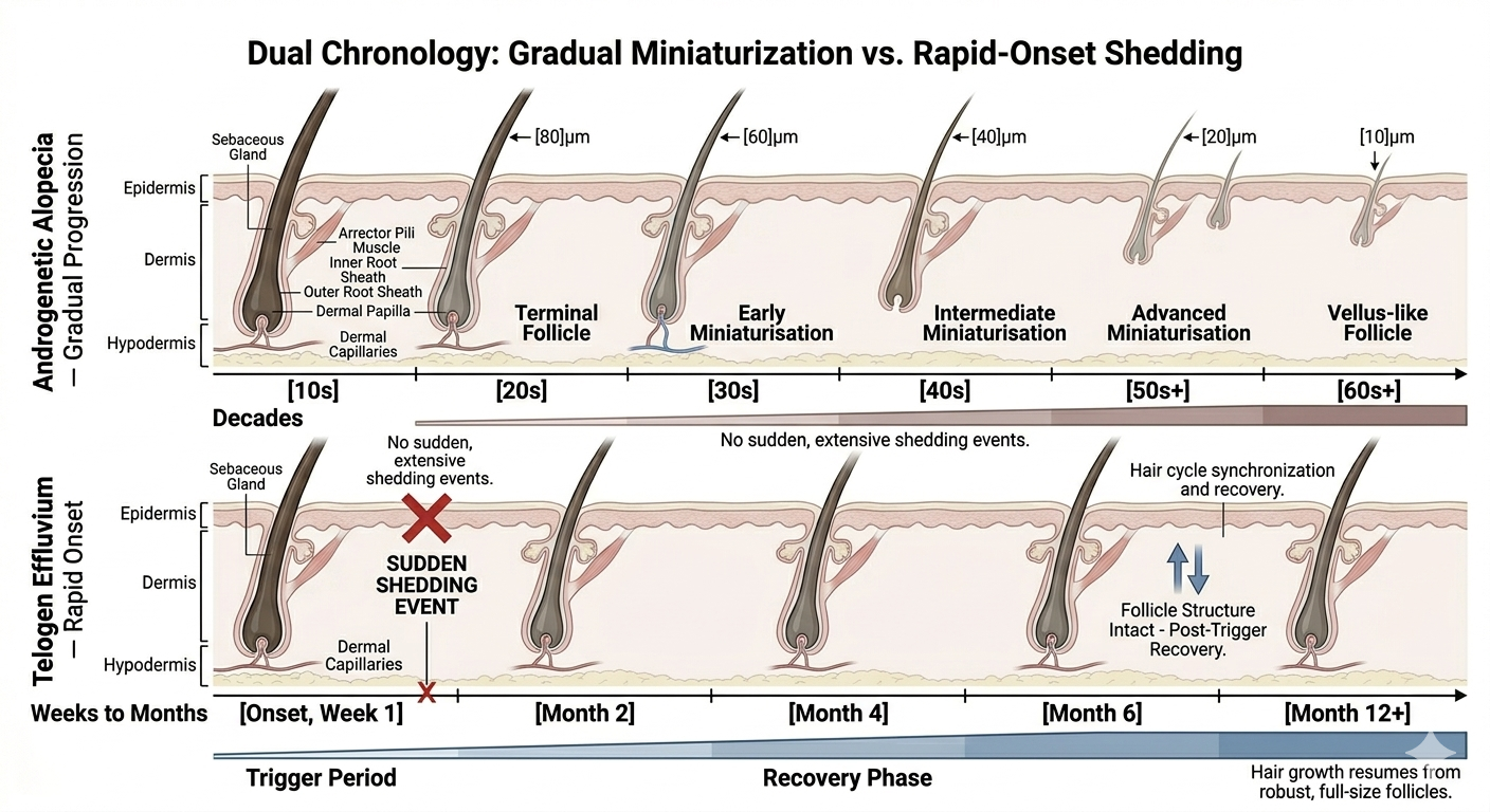 Summary diagram contrasting the slow timeline of miniaturisation against rapid shedding conditions