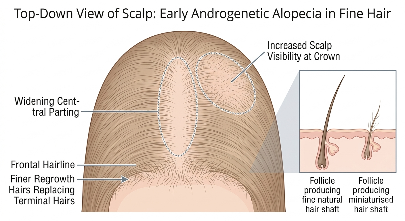 Scalp diagram showing early androgenetic alopecia signs in fine hair