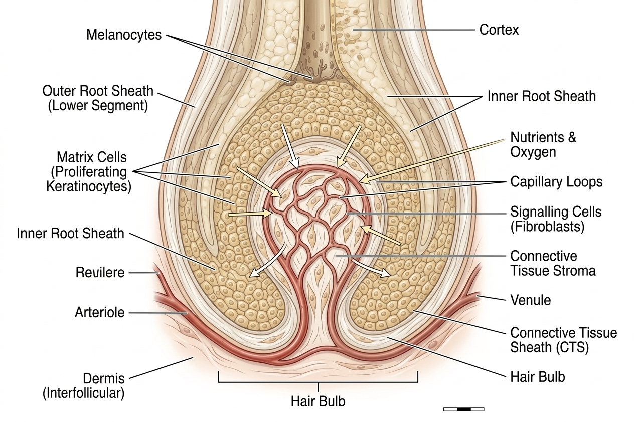 Detailed anatomical diagram of the dermal papilla and its vascular network