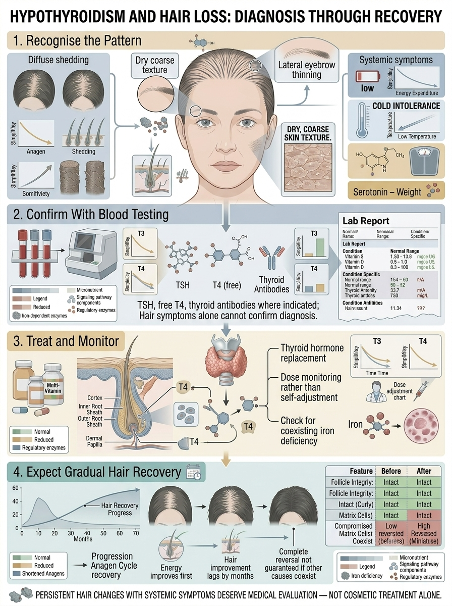 Summary diagram of thyroid-related hair loss diagnosis and recovery expectations