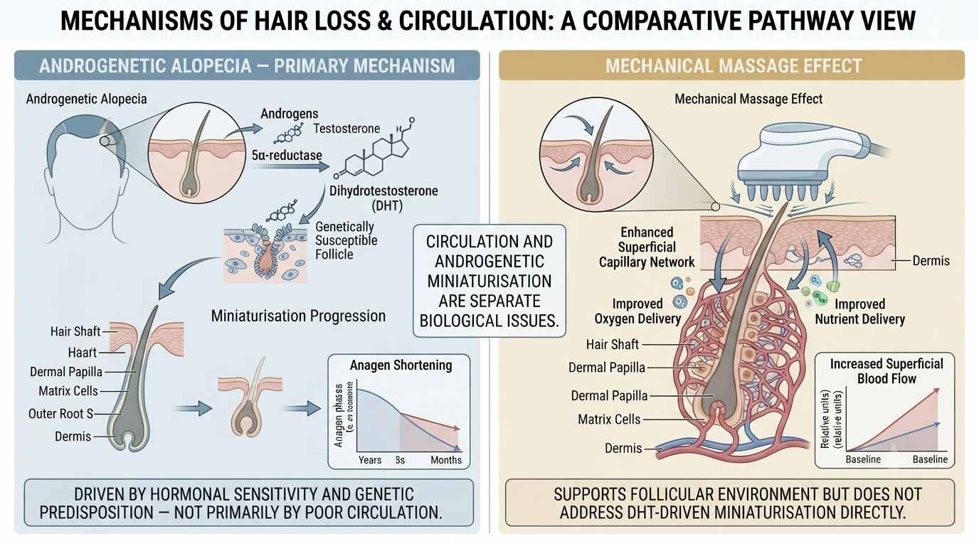 Diagram explaining why improved circulation does not directly reverse androgenetic alopecia
