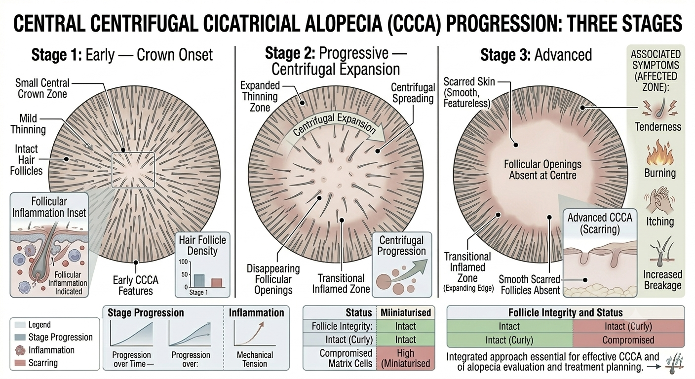 Diagram of CCCA progression pattern and clinical features