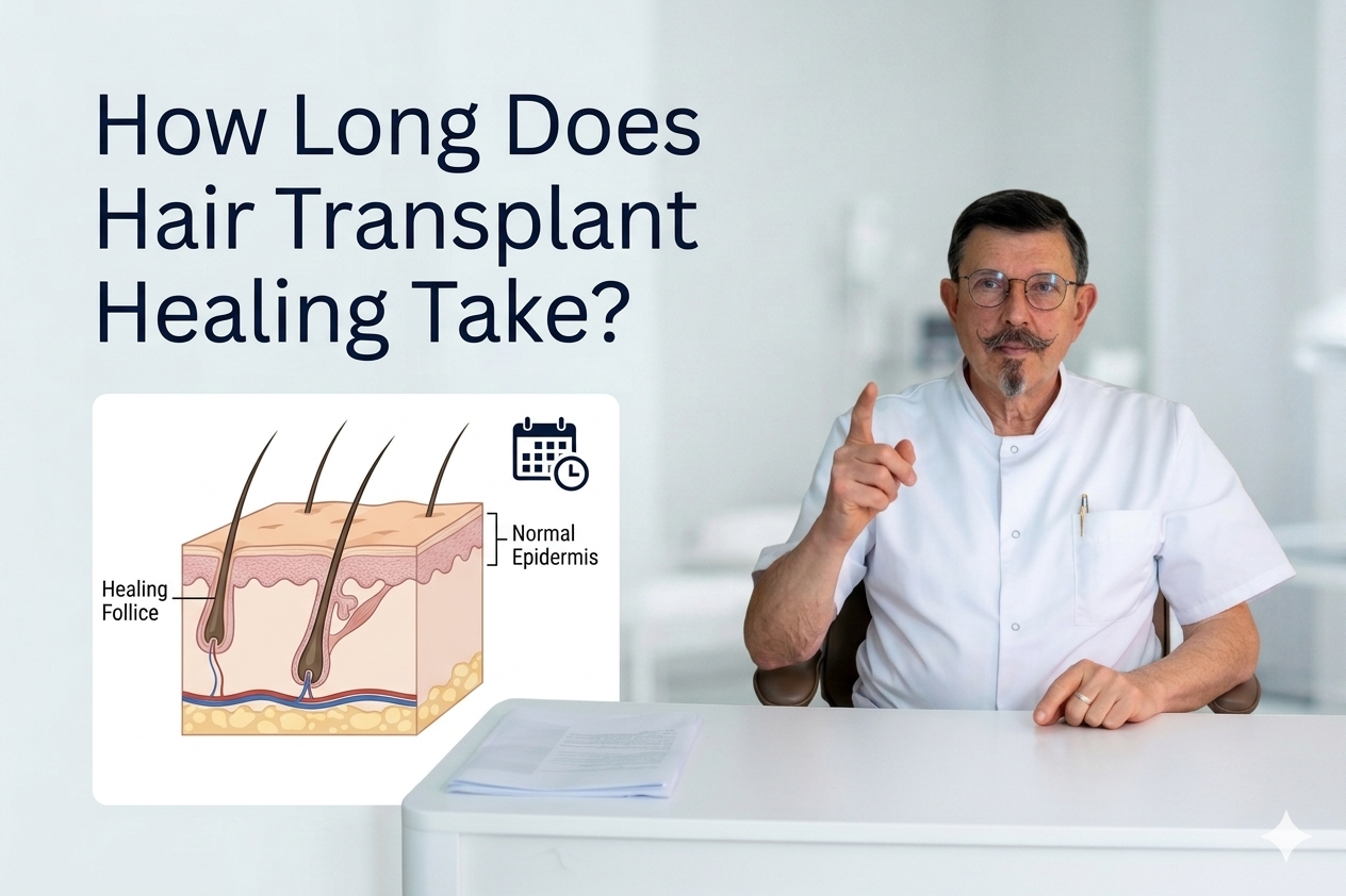 How long does hair transplant healing take blog title on a clean background