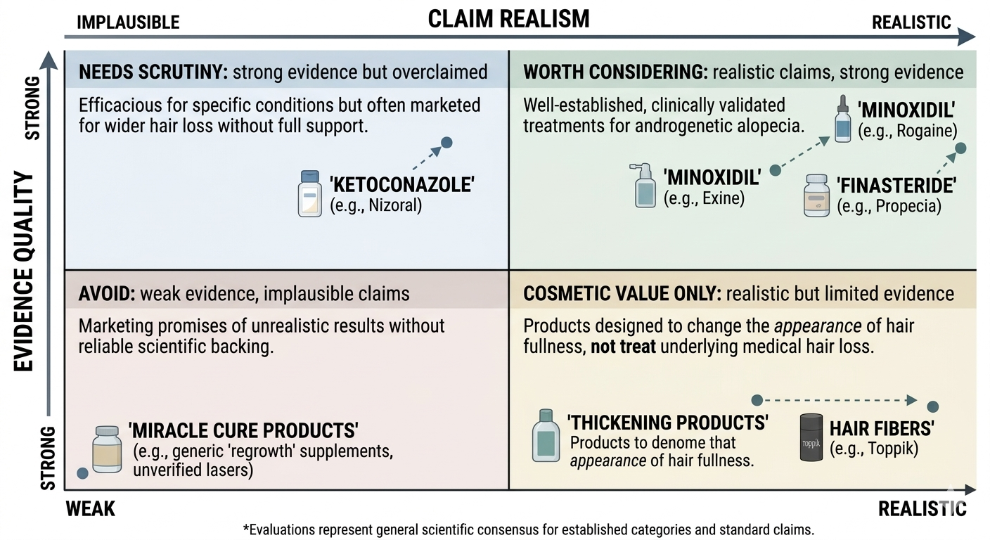 Summary diagram mapping product credibility against evidence quality and claim realism