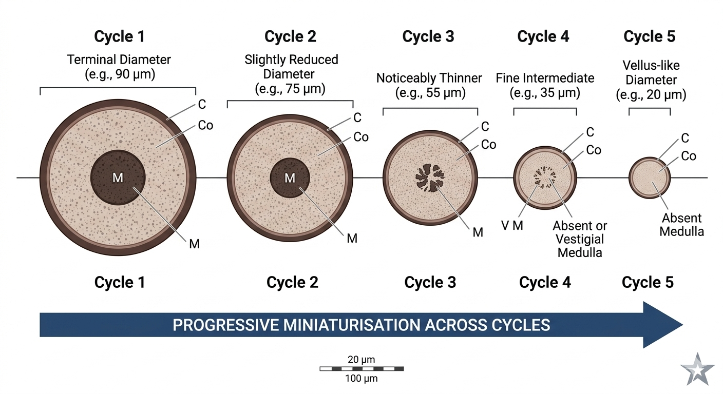 Progressive sequence showing shaft diameter reduction across miniaturisation cycles