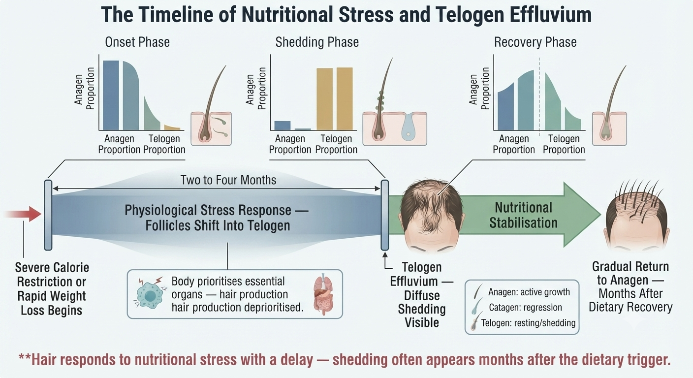 Timeline diagram showing crash diet-triggered telogen effluvium