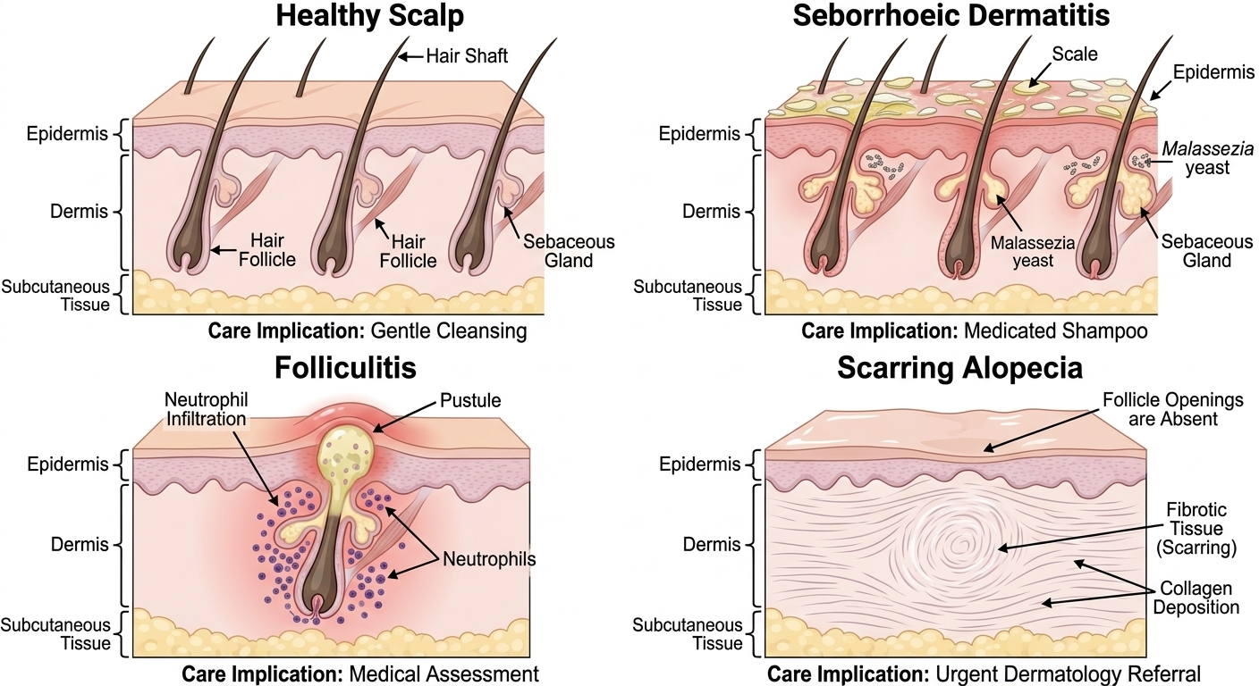 Diagram of scalp conditions requiring different care approaches