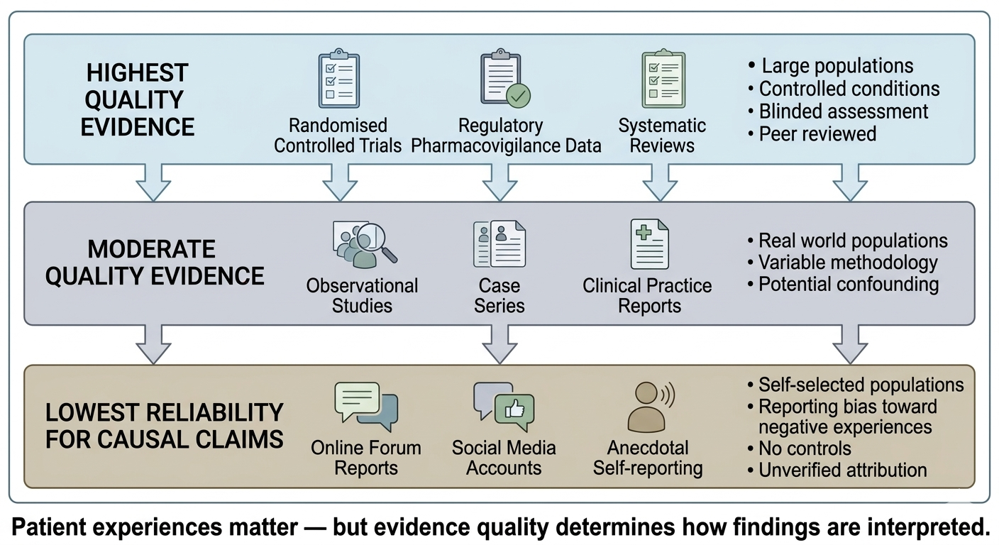 Diagram comparing evidence quality — clinical trials vs online forum reports