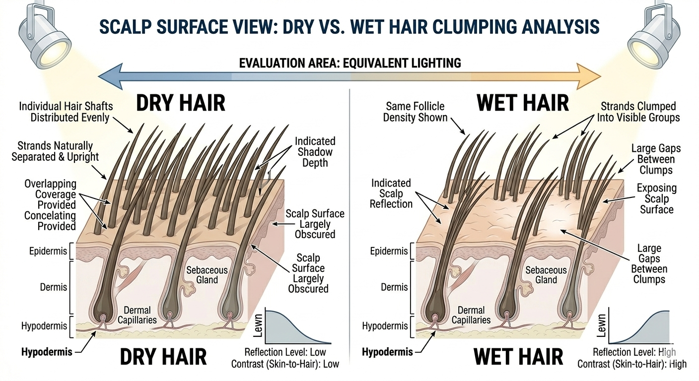Diagram comparing dry vs wet hair strand behaviour and scalp coverage