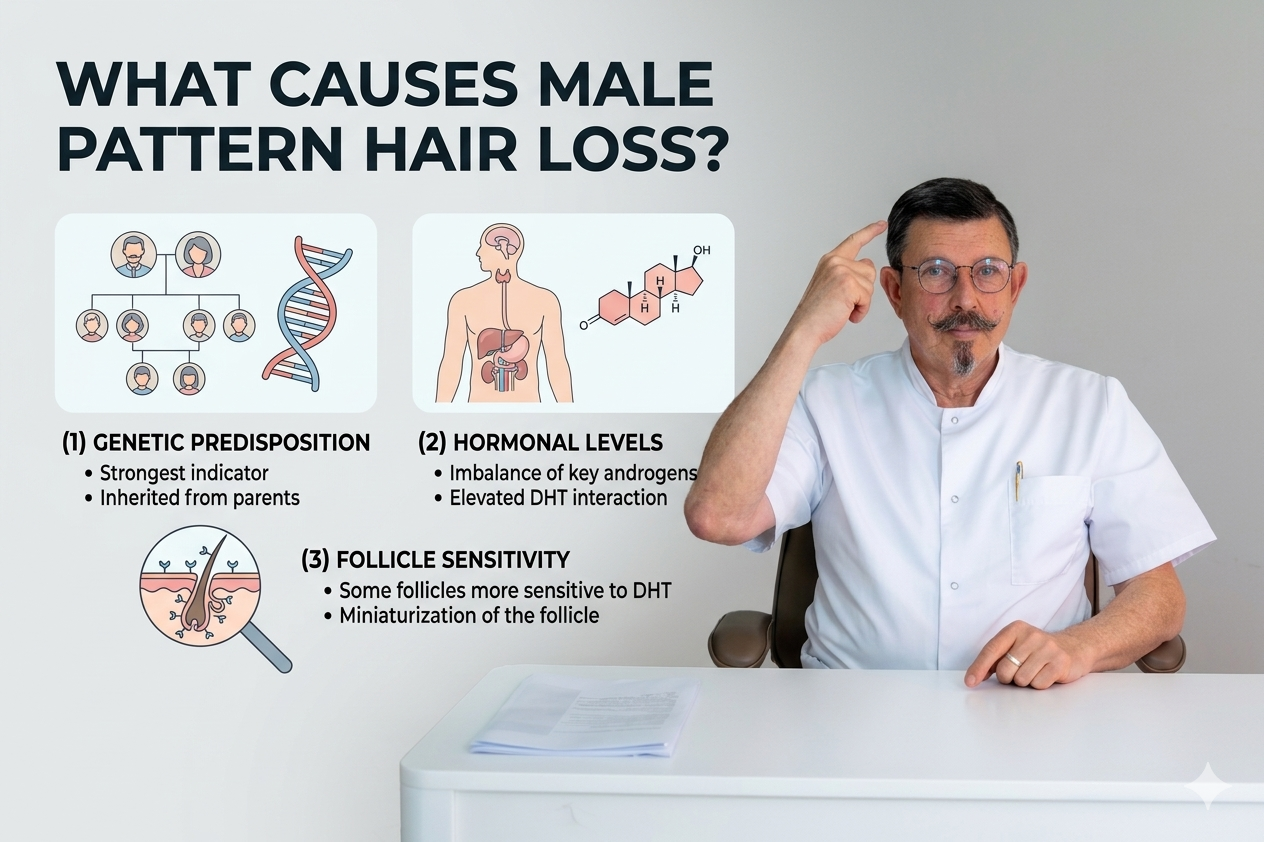 Causes of male pattern hair loss including genetics and follicle miniaturisation