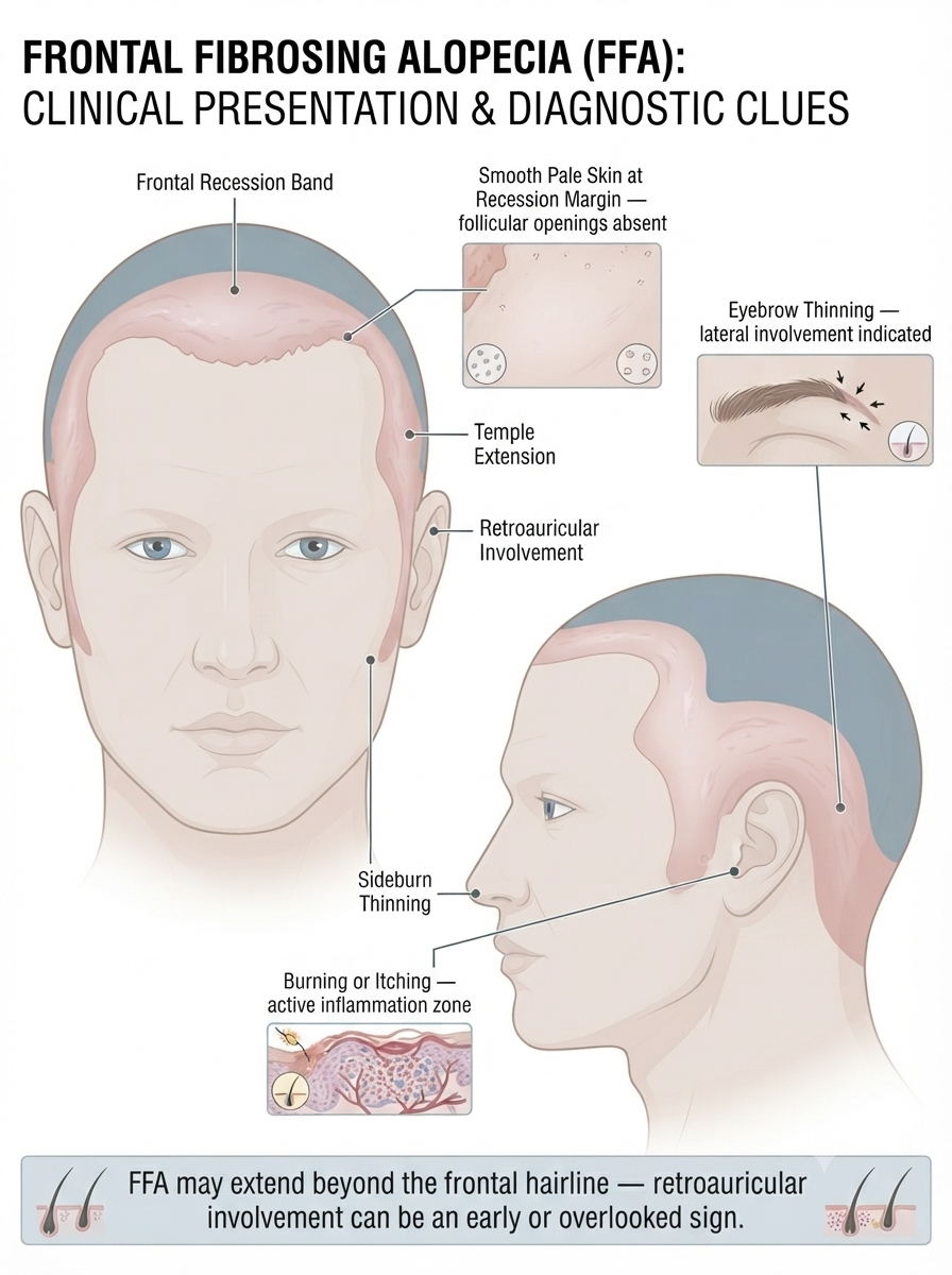 Diagram showing FFA distribution pattern extending around and behind the ear