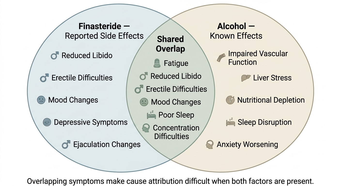 Diagram of overlapping side effect profiles between finasteride and alcohol