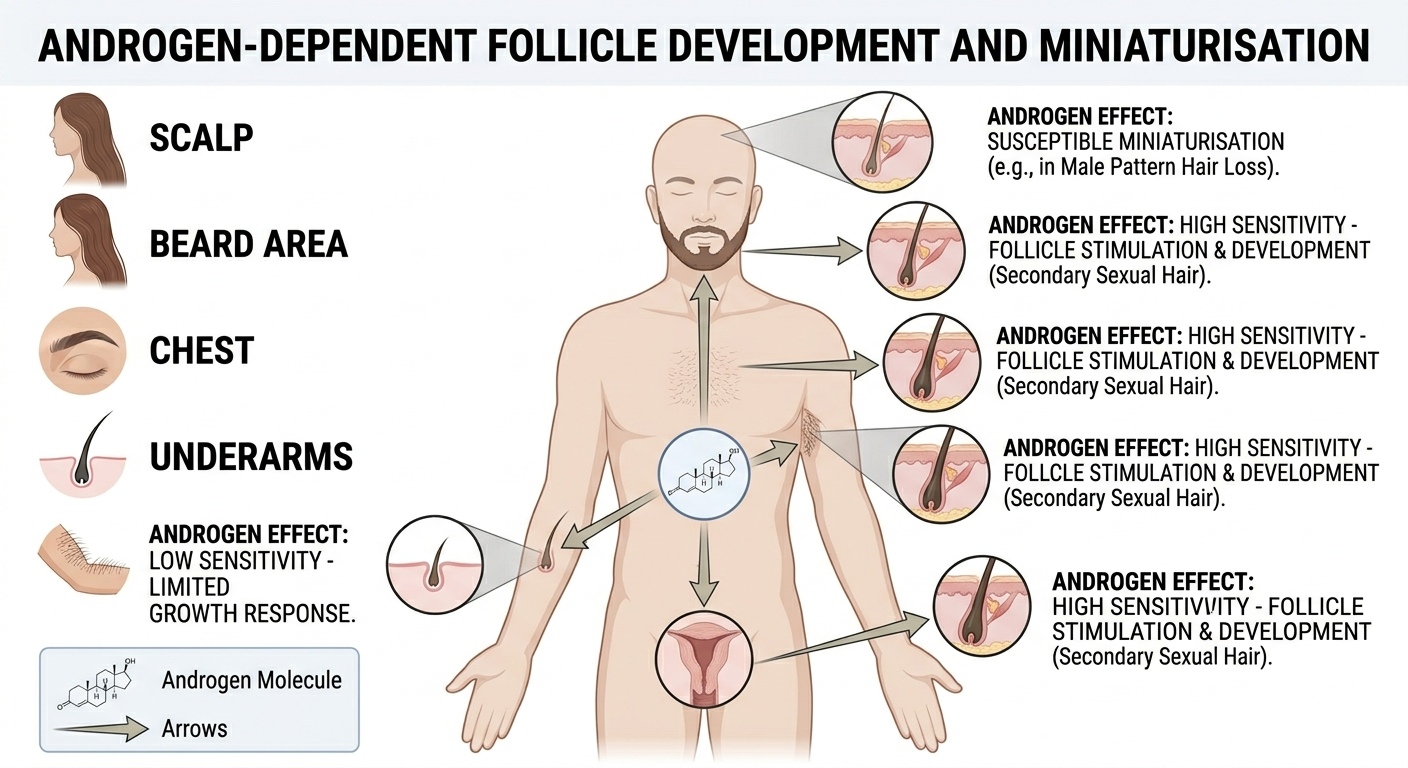 Diagram showing androgen effects across different body follicle regions