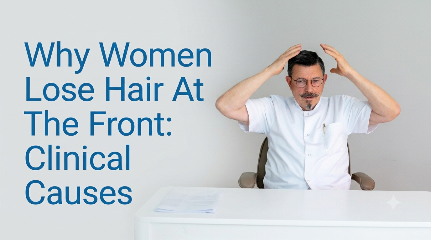 Why women lose hair at the front clinical causes blog title on a clean background