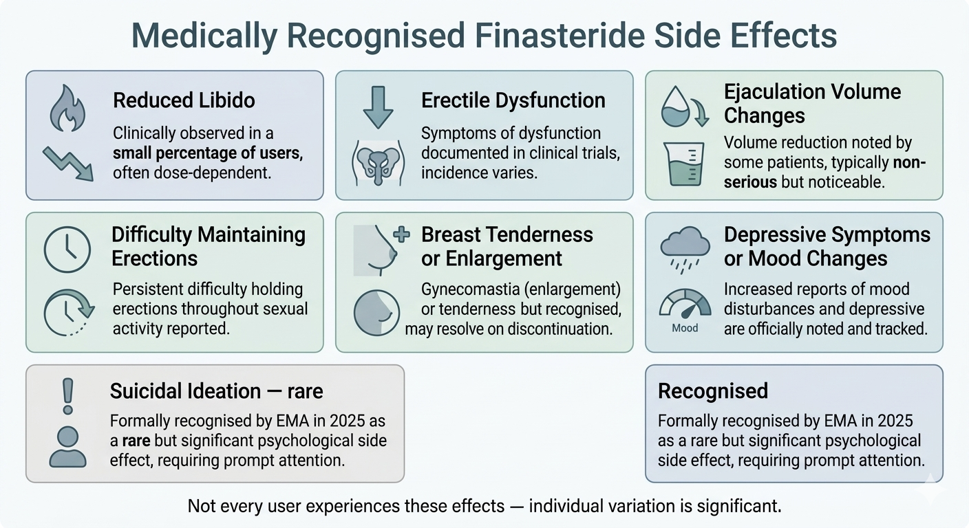 Structured infographic of clinically recognised finasteride side effects