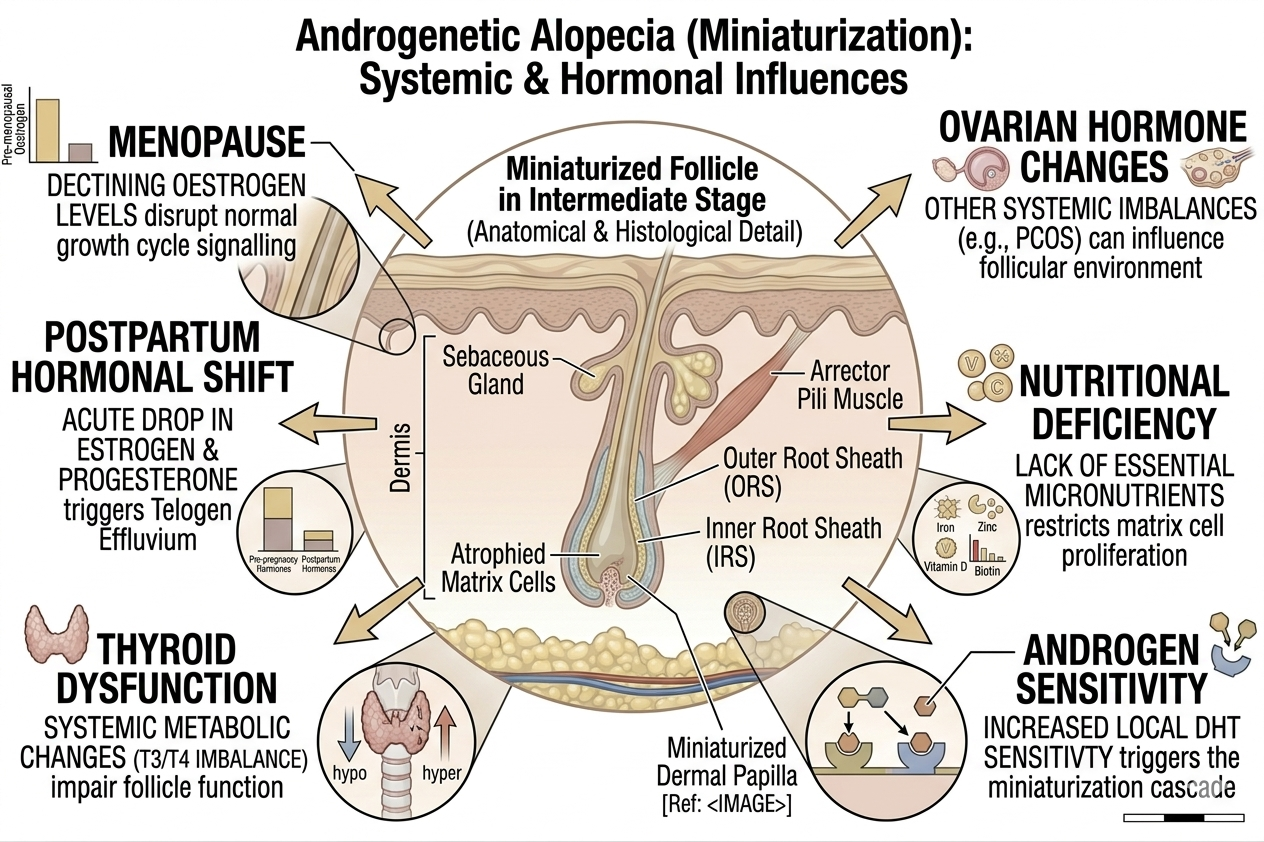 Diagram of contributing hormonal and systemic factors in female hair thinning
