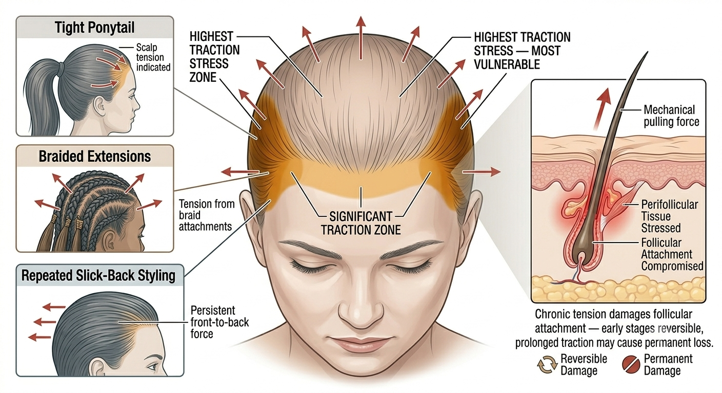 Diagram showing traction force distribution and vulnerable frontal zones