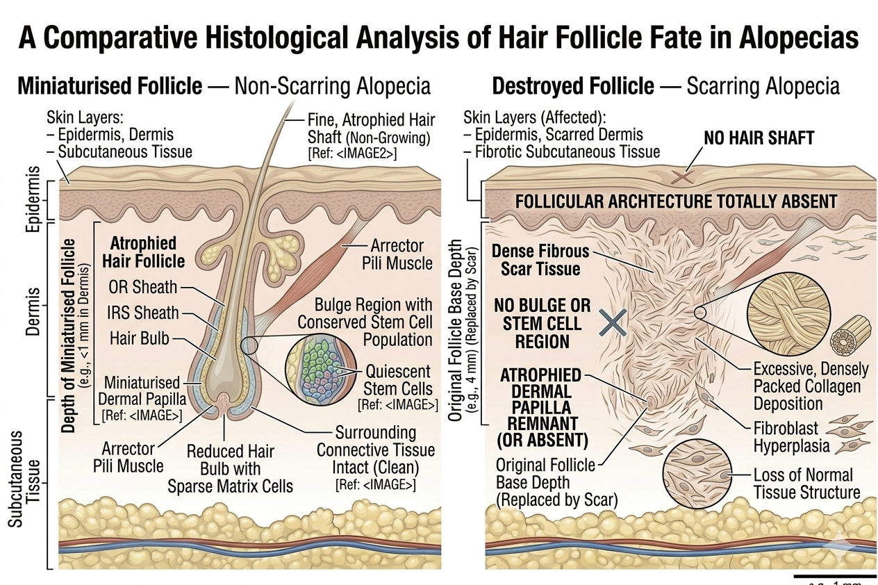 Comparison of miniaturised follicle vs scarred follicle showing stem cell presence