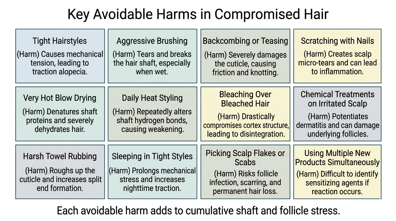 Structured infographic of key avoidable harms for compromised hair