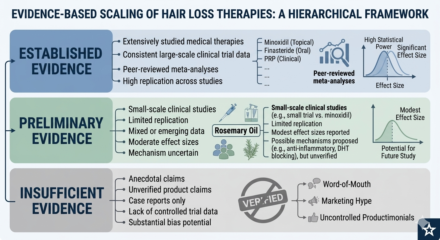 Evidence strength comparison diagram — rosemary oil vs established medical therapies