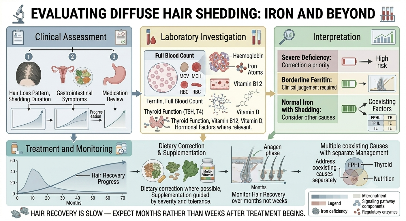 Summary diagram of the clinical evaluation pathway for diffuse hair shedding with suspected iron deficiency