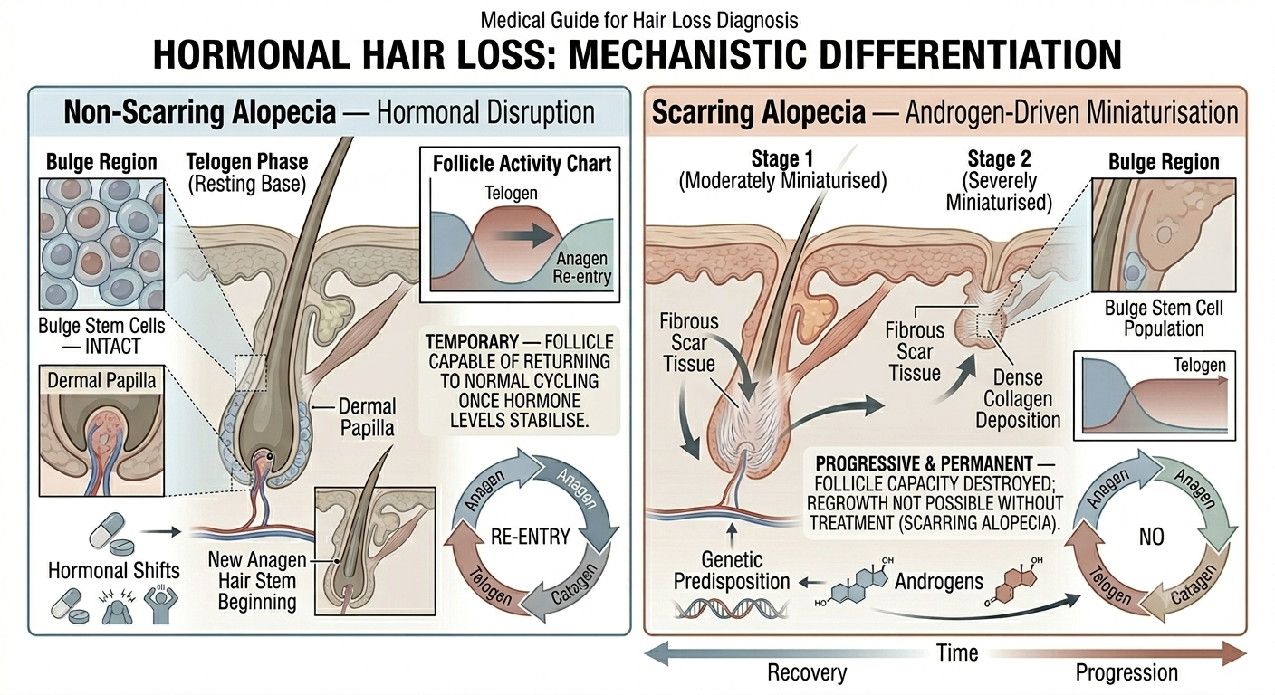 Diagram comparing scarring and non-scarring alopecia at follicle level