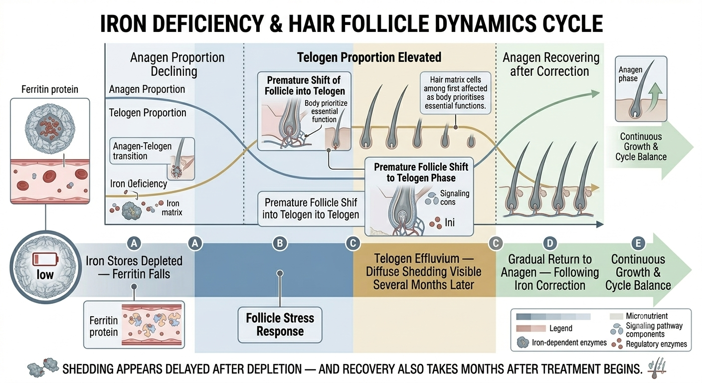 Diagram showing iron deficiency as a telogen effluvium trigger within the hair cycle