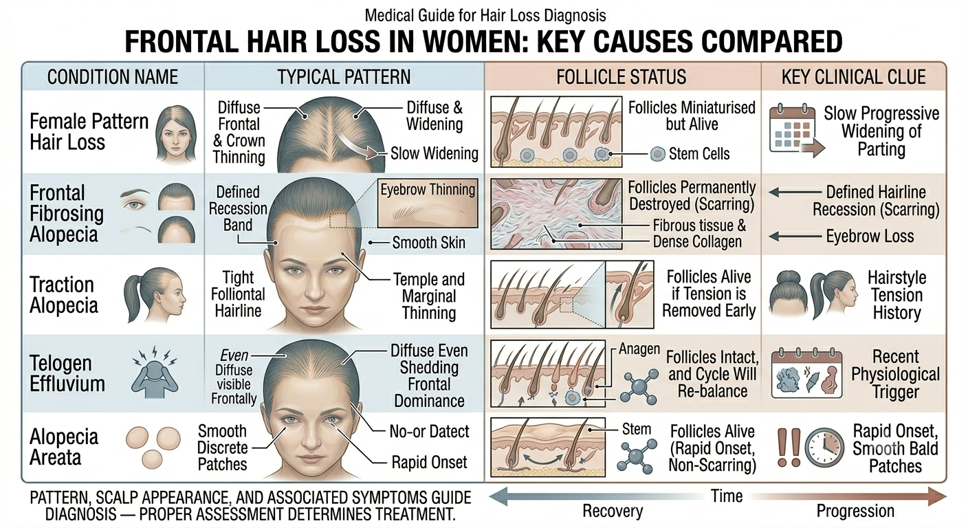 Summary diagnostic comparison of the main causes of frontal hair loss in women