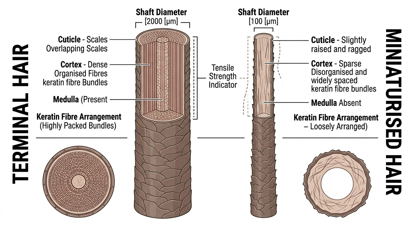 Cross-sectional comparison of terminal vs miniaturised hair shaft structural properties
