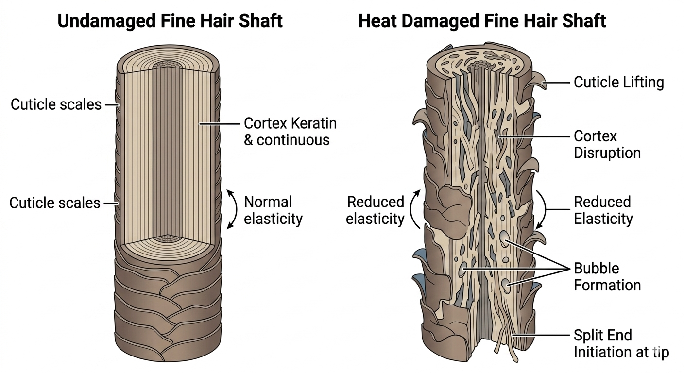 Diagram showing heat damage signs in fine hair shaft structure
